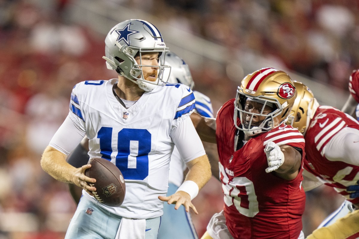 October 8, 2023; Santa Clara, California, USA; San Francisco 49ers defensive tackle Kevin Givens (90) is sacked by Dallas Cowboys quarterback Cooper Rush (10) during the fourth quarter at Levi's Stadium.